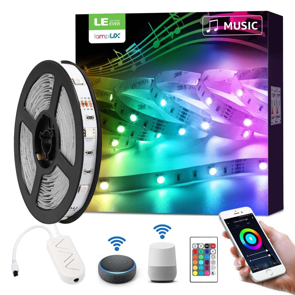 LE Smart LED Strip 5M Musik Sync,RGB 150 LEDs, LED Streifen Wifi, Wlan LED Band, Superhell Selbstklebend Lichtband, nur 2.4GHz Lichterkette mit Fernbedienung, Kompatibel mit Alexa, App, Google Home