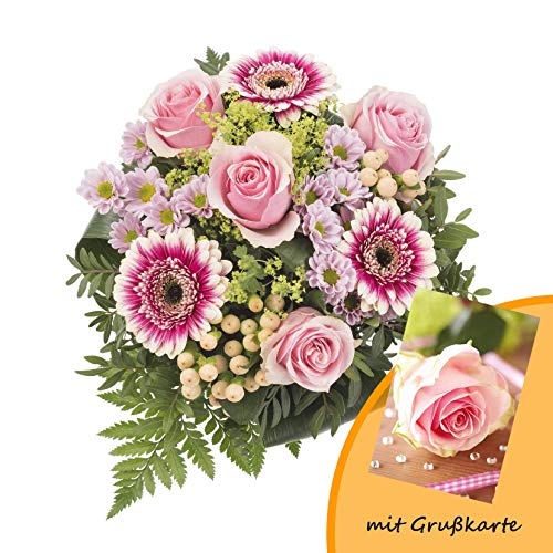 Dominik Blumen und Pflanzen, Blumenstrauß, Blütenduett, mehrfarbig, 40 x 25 x 25 cm und Grußkarte "Rosen"