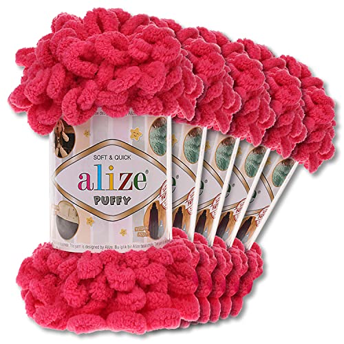 Alize 5 x 100 g Puffy Wolle Chenille Schlaufenwolle Häkeln und Stricken ohne Hilfsmittel Kleidung Accesoire Decken Teppiche (149 | Fuchsia)