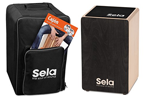 Sela SE 160 ES Primera Cajon Einsteiger-Bundle mit Rucksack, Sitzpad und spanischer Anfängerschule, CD/DVD, Schwarz