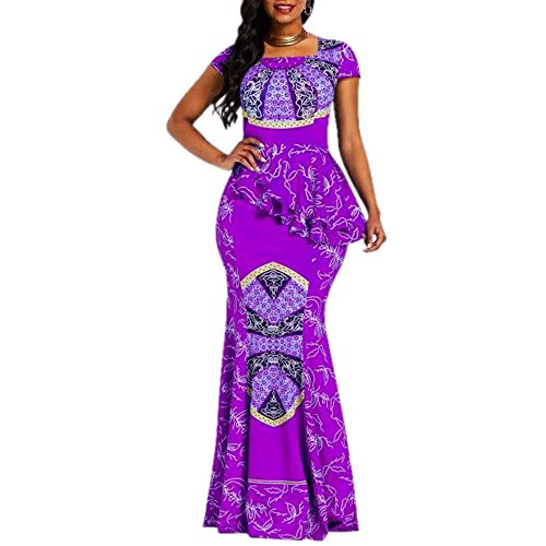 VERWIN Afrikanisches Kleid mit Flügelärmeln und quadratischem Ausschnitt, bodenlang, geometrisches Meerjungfrauen-Maxikleid (XX-Large, Violett)