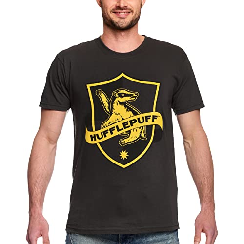 Elbenwald Harry Potter T-Shirt mit Hufflepuff Logo Motiv für Herren Damen Unisex Baumwolle grau - L