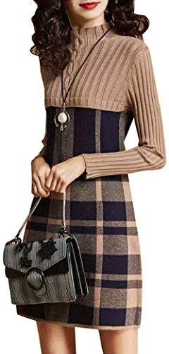 Damen Elegante Plaid Pullover Strickkleid Midi-Kleid Winter Strickpullover A-Linie (Aprikose, L)