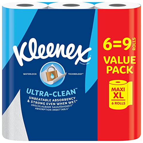 Kleenex® Küchenrolle Ultra Clean™, 6 Maxi XL Küchenrollen (=9 Rollen), Unübertroffene Saugfähigkeit und Festigkeit Küchenpapier - 100% recycelbare Verpackung