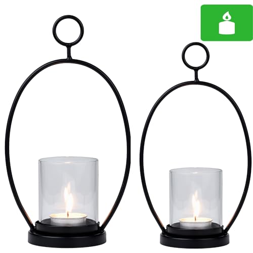 Marrakesch 2er Set Moderne Kerzenhalter Hovlo Windlicht Schwarz aus Metall 30cm & 25cm Gross – Tischdeko Kerzenständer Modern für Kerzen