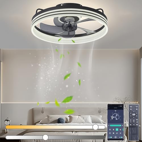 LED Leise Deckenventilator mit Beleuchtung, 72W Dimmbar Schwarz Deckenventilator Lampe mit Fernbedienung und APP, Modern Rund Deckenventilatorleuchte für Wohnzimmer, Schlafzimmer, Esszimmer, 50CM