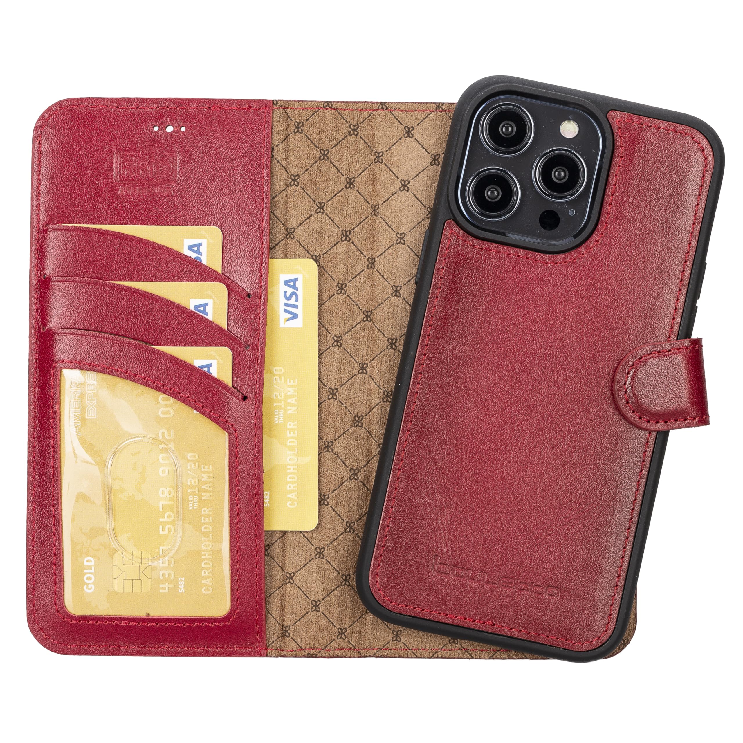 BOULETTA Schutzhülle für iPhone 14 Pro Max, Magsafe-kompatibles Vollnarbenleder, magnetisch, abnehmbar, Folio-Schutzhülle (2-in-1), 3 Kartenhalter mit RFID-Blockierung, 17 cm (6,7 Zoll), Vintage-Rot