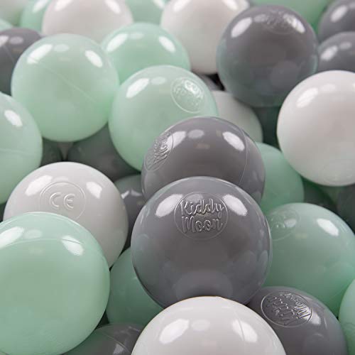 KiddyMoon 700 ∅ 7Cm Kinder Bälle Spielbälle Für Bällebad Baby Plastikbälle Made In EU, Weiß/Grau/Mint