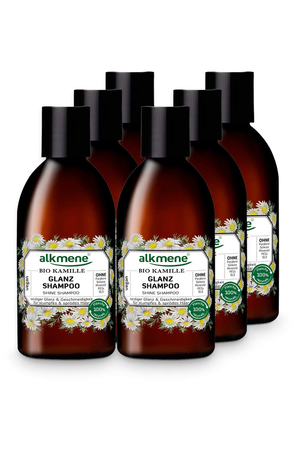 alkmene Glanz Shampoo mit Bio Kamille - Haarshampoo für stumpfes & sprödes Haar - veganes Shampoo ohne Silikon, Parabene, Mineralöl, SLS & SLES - Haarpflege im 6er Vorteilspack (6x 250 ml)