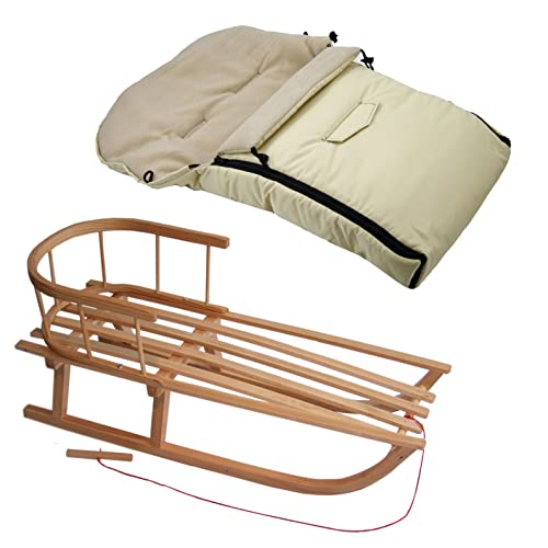 Kombi-Angebot Holz-Schlitten mit Rückenlehne & Zugseil + universaler Winterfußsack (90cm), auch geeignet für Babyschale, Kinderwagen, Buggy, Thermofleece Uni (beige + Schlitten)