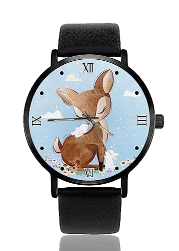 Uhr Personalisierte benutzerdefinierte Uhren Casual Schwarz Lederband Armbanduhren für Männer Frauen Unisex, Niedliche Hirschkunst
