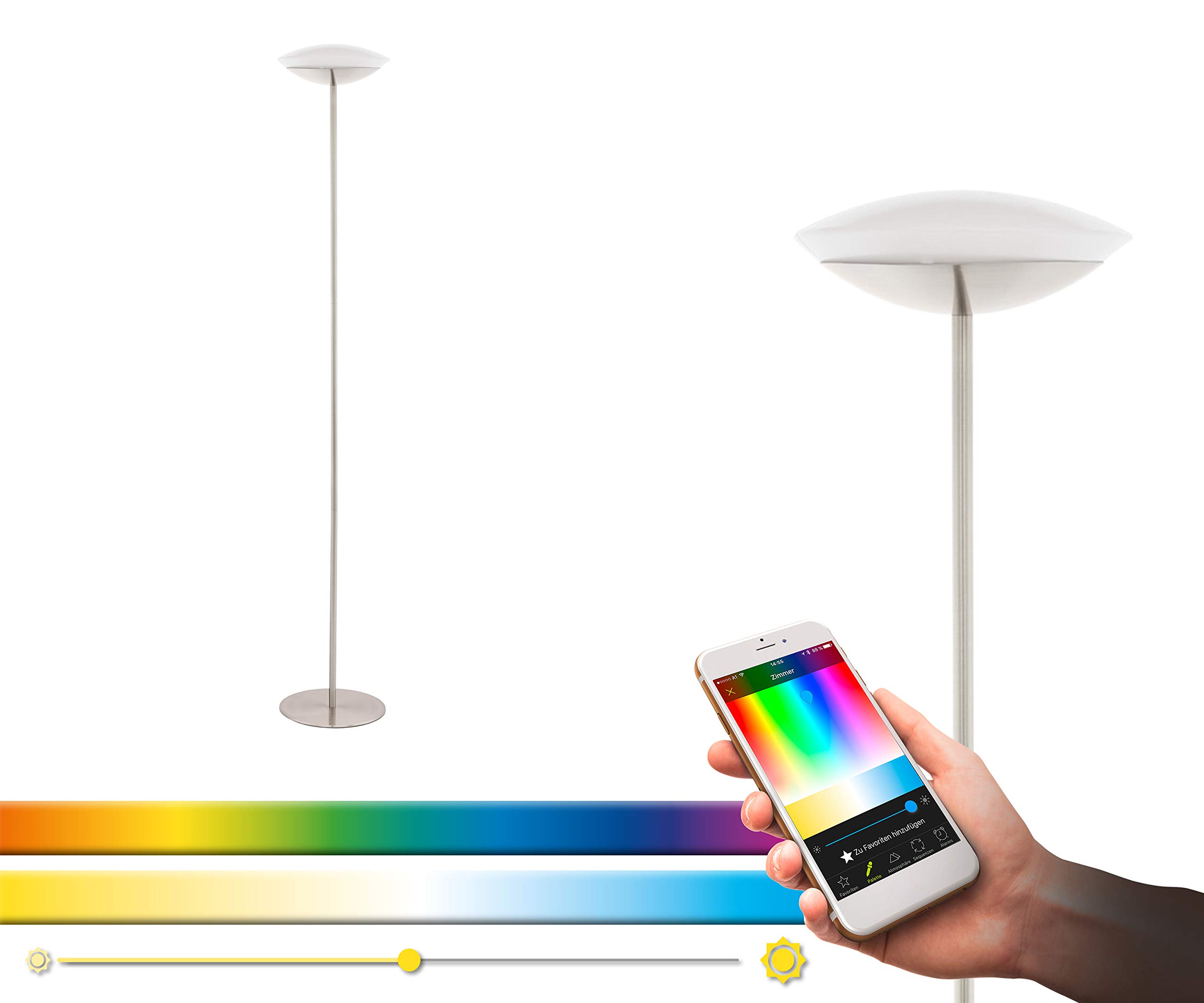 EGLO connect LED Stehlampe Frattina-C, 1 flammige Stehleuchte aus Stahl und Kunststoff in Nickel-Matt, Weiß, Farbtemperaturwechsel (warm, neutral, kalt), RGB, dimmbar, Lampe mit Tritt-Schalter