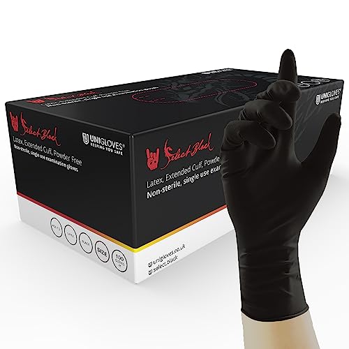 UNIGLOVES Select Black Latex Extended Cuff GT0015 Einweghandschuhe, puderfrei, optimiert für Tätowierer, Box mit 100 Handschuhen, Schwarz, Größe XL