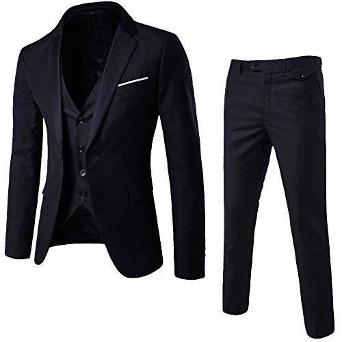 UJUNAOR Herren Slim Business Hochzeitsanzug 3-teiliges Set Jacke Weste Hose Anzug(Schwarz,CN L)