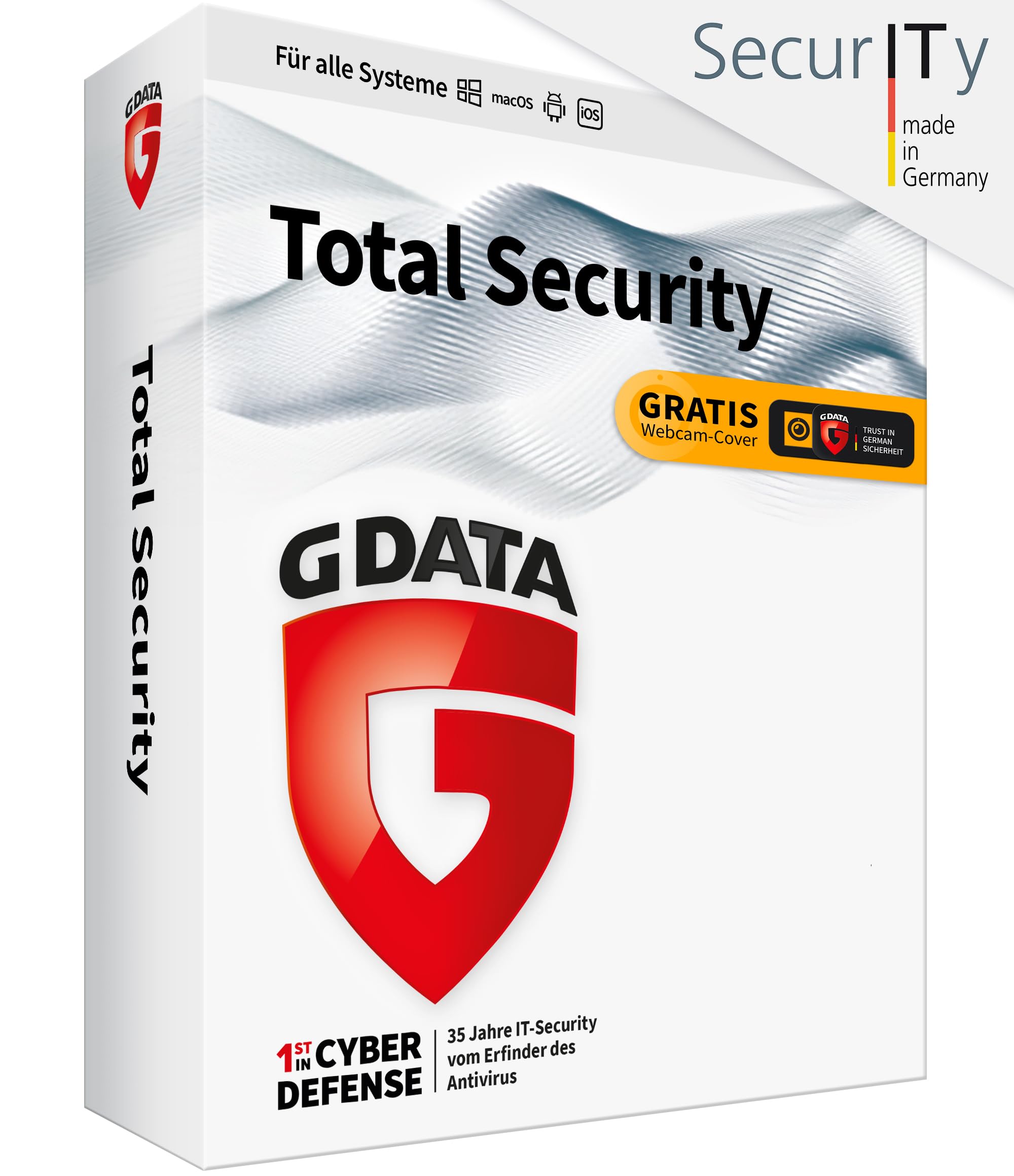 G DATA Total Security 2024 | 1 Gerät | 1 Jahr | Virenschutzprogramm | Passwort Manager | PC, Mac, Android, iOS | zukünftige Updates inklusive | Made in Germany | Box inkl. DVD & Webcam-Cover