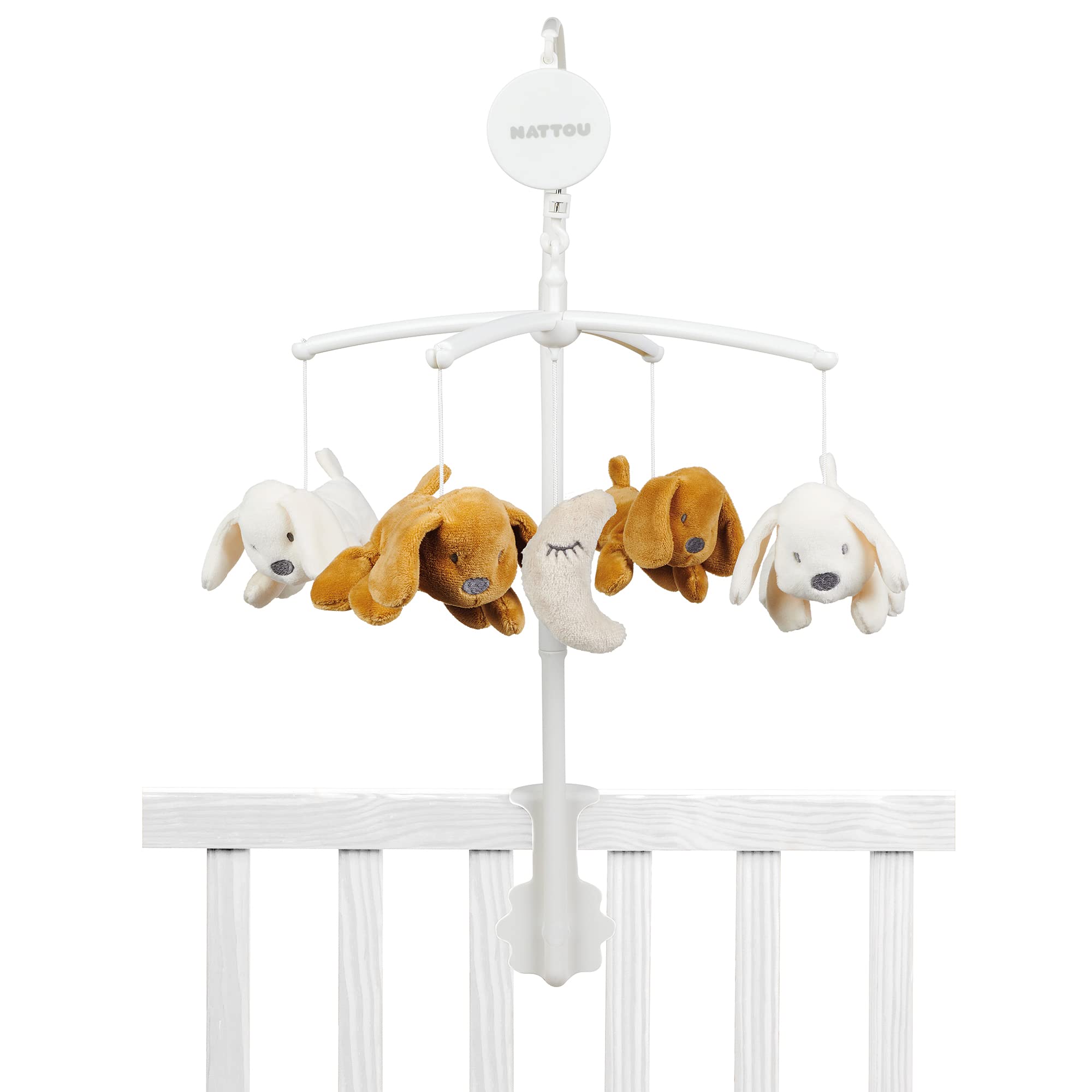 Nattou Mobile mit Spieluhr, Hund Charlie, Sanftes Wiegelied "Le-La-Lu", 65 x 31 cm, Vegan, Baumwolle/Polyester, Weiß & Braun