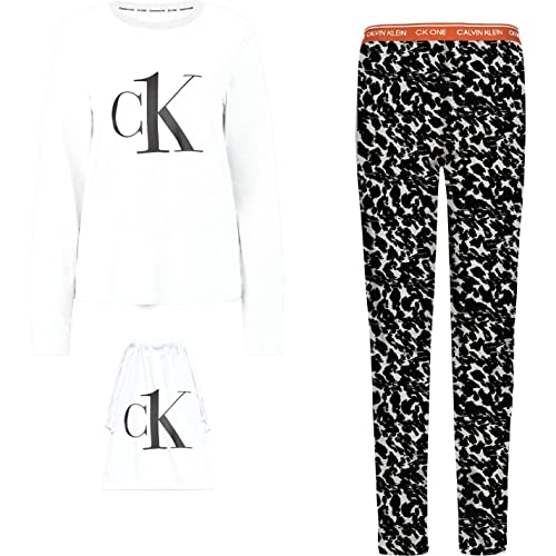 Calvin Klein Damen L/S Hosenset Pyjamaset, White/DIST Animal Print Oat_Embers, XL