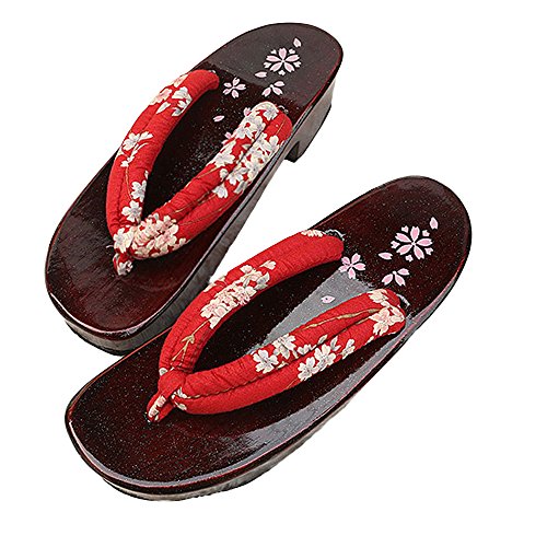 G-LIKE Damen Sandalen Pantoffel Sommerschuhe - Traditionelle Japanische Holzschuhe Geta Kimono Kirschblüte Sakura Musterdruck rutschfest Poliert Flip-Flops Cosplay Clogs (36-37 EU, Rot Sakura)