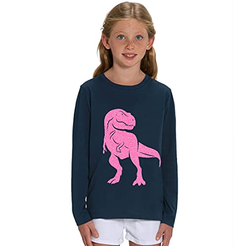 Hilltop Kinder Langarmshirt aus Biobaumwolle mit Dinosaurier Glitzer Motiv, Size:134/146, Dino:Navy-Dino Neon Rosa
