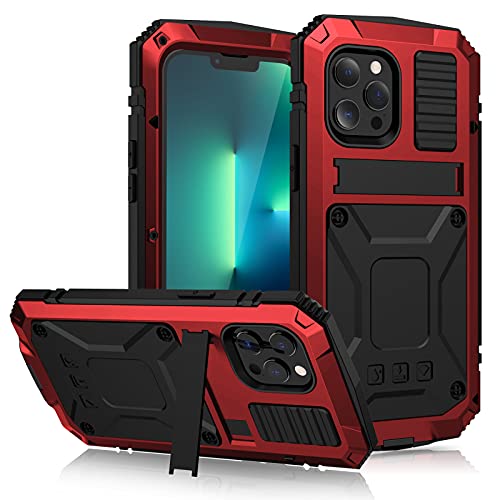 qichenlu 2 Meter Stoßfest Rot Rundumschutz Case kompatibel mit iPhone 13 Pro,mit Displayschutz Ständer Metall hybrid SIlikon Gehäuse Wasserabweisende Hülle kompatibel mit iPhone 13 Pro