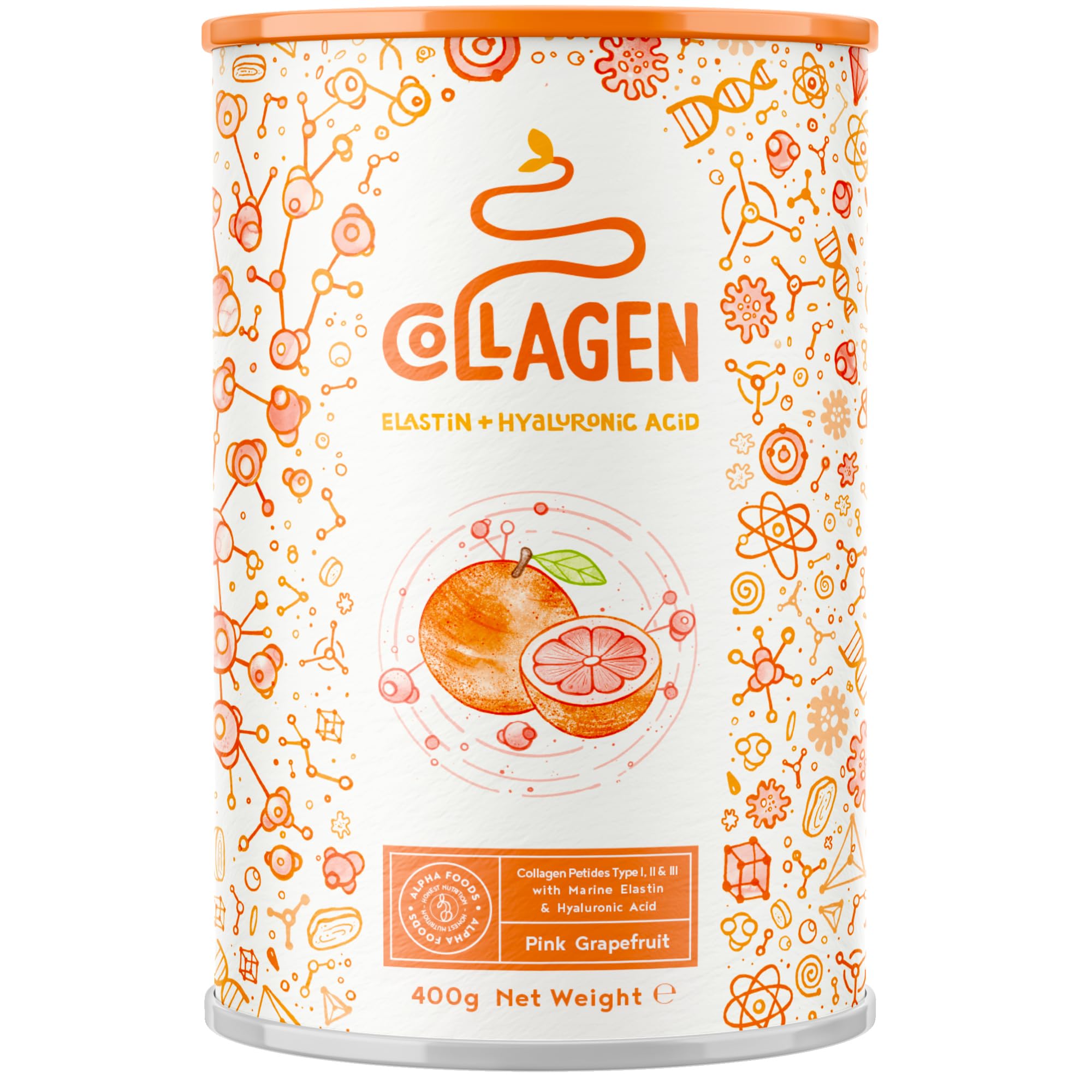 Alpha Foods Collagen Pulver (400g) - Kollagen Hydrolysat Peptide Type I, II & III - Hochdosiert Kollagenpulver mit Hyaluronsäure und Elastin - Pink Grapefruit-Geschmack - Aus Deutschland
