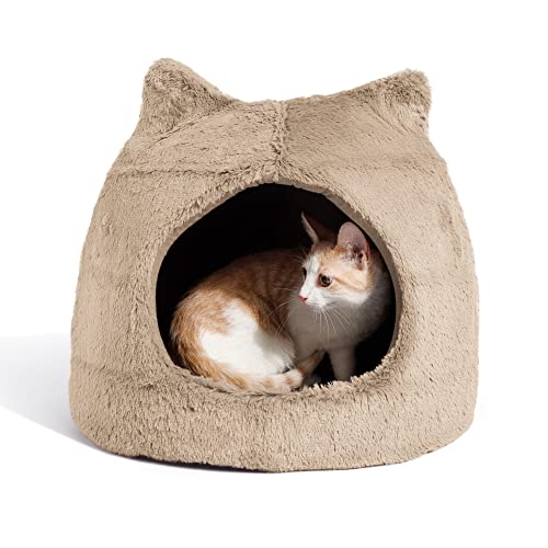 Best Friends by Sheri Meow Hut in Fur Cover Dome Cat and Dog Bed, Wheat, Small