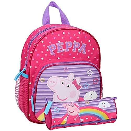 Pret Rucksack Peppa Wutz – Rosa – Kinder – Schule – Grundschule – Kindergarten – Kindergarten – Schulranzen Jungen / Mädchen – Größe 29 cm – verstellbare Träger + Federmäppchen