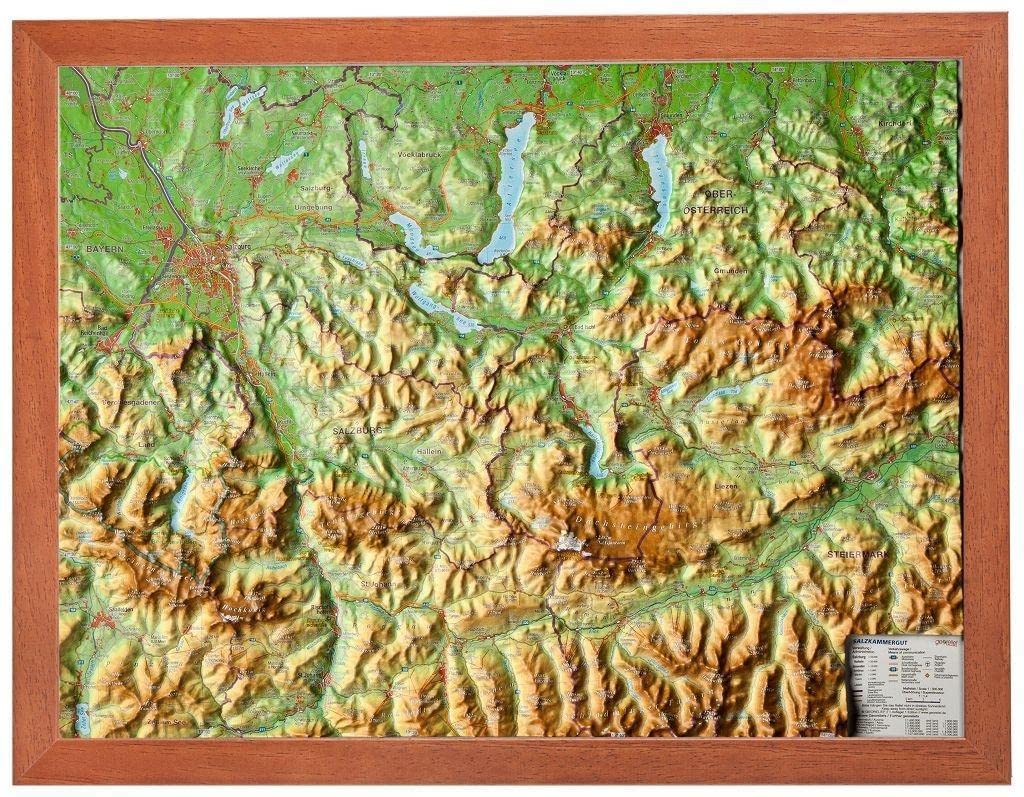 Reliefkarte Salzkammergut mit Rahmen(1:300.000): Reliefkarte Salzkammergut mit Holzrahmen(1:300.000): Tiefgezogenes Kunststoffrelief