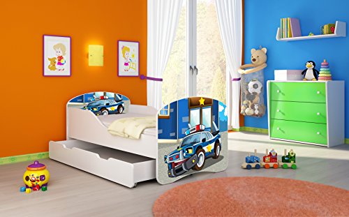 Kinderbett Jugendbett Komplett mit einer Schublade und Matratze Lattenrost Weiß ACMA I (140x70 cm + Bettkasten, 38 Polizei)
