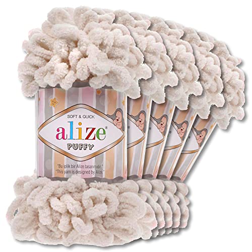 Alize 5 x 100 g Puffy Wolle Chenille Schlaufenwolle Häkeln und Stricken ohne Hilfsmittel Kleidung Accesoire Decken Teppiche (599 | Knochen)