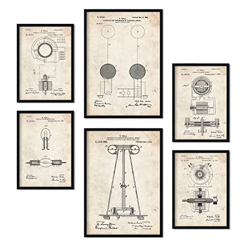 Nacnic Set von 6 Plakaten mit Strom 1 Patenten. Plakate mit Retro-Patentabbildungen. Inneneinrichtung im Vintage-Stil. Grösse A4 und A3. Mit Rahmen.