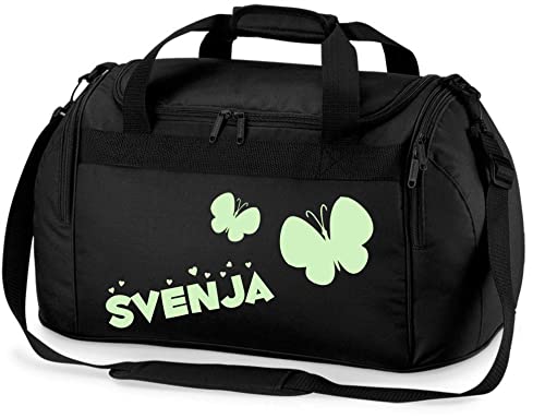 Kinder-Sporttasche mit Namen Bedruckt | Personalisierbar mit Motiv Schmetterling | Reisetasche Duffle Bag für Mädchen in Pink, Blau, Grün (Schwarz)