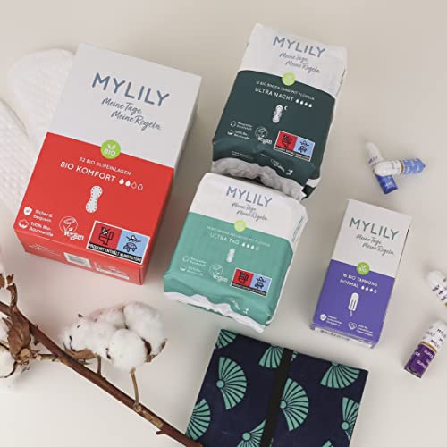 MYLILY® Bio Starter Kit | Perioden Täschchen mit Inhalt | Nachhaltig I Bio-Binden, Bio-Slipeinlagen, Bio-Tampons | Tampongröße: Super I Menstruation I Perioden Set