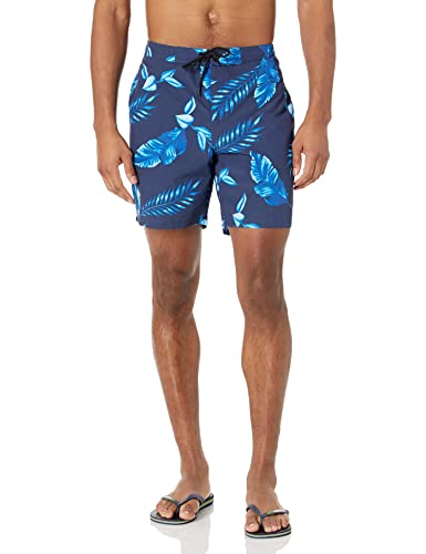 28 Palms 7" Inseam Tropical Hawaiian Print Board Shorts, Black/Blue Midnight, 34