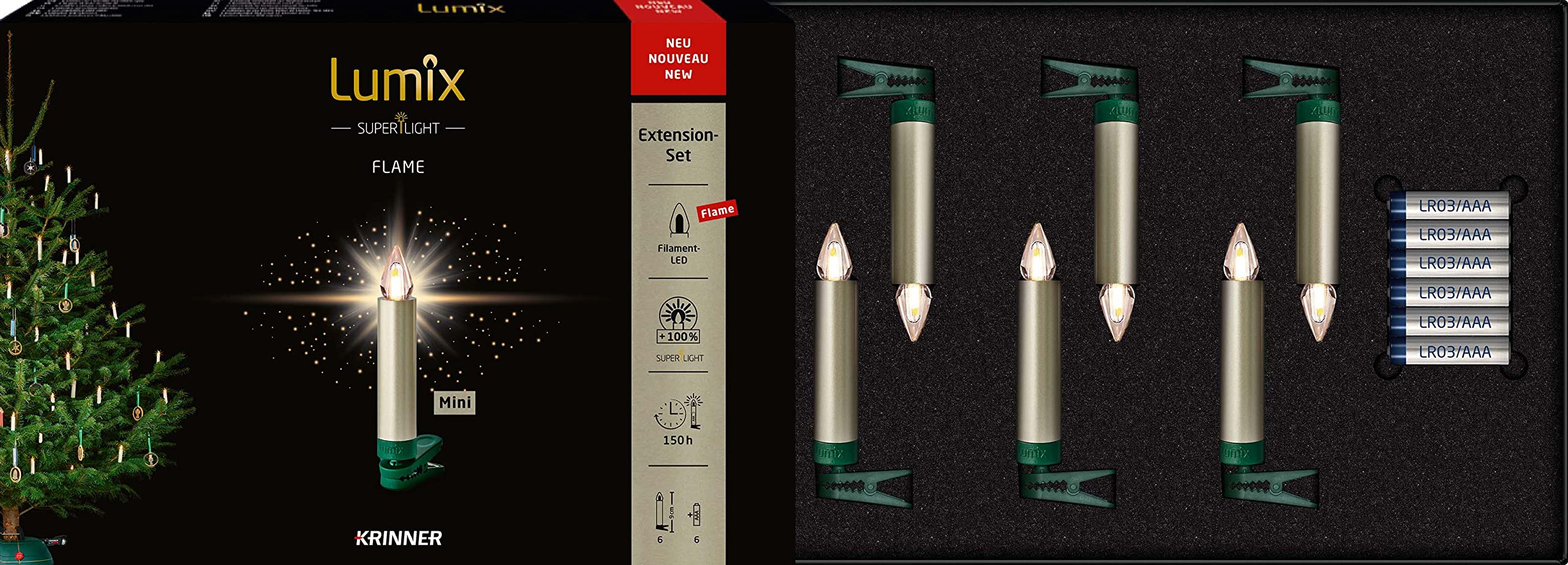 Lumix® kabellose LED Christbaumkerzen Weihnachtsbaumkerzen 6er Erweiterungs-Set SuperLight Flame Metallic Mini Cashmere 9cm warmweiß 77155