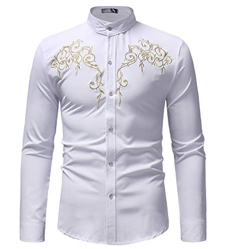 Herren Hemden Stehkragen Steampunk Ethno Hemdbluse Vintage Slim Fit Mit Embroidery Langarmhemd (Weiß,M)