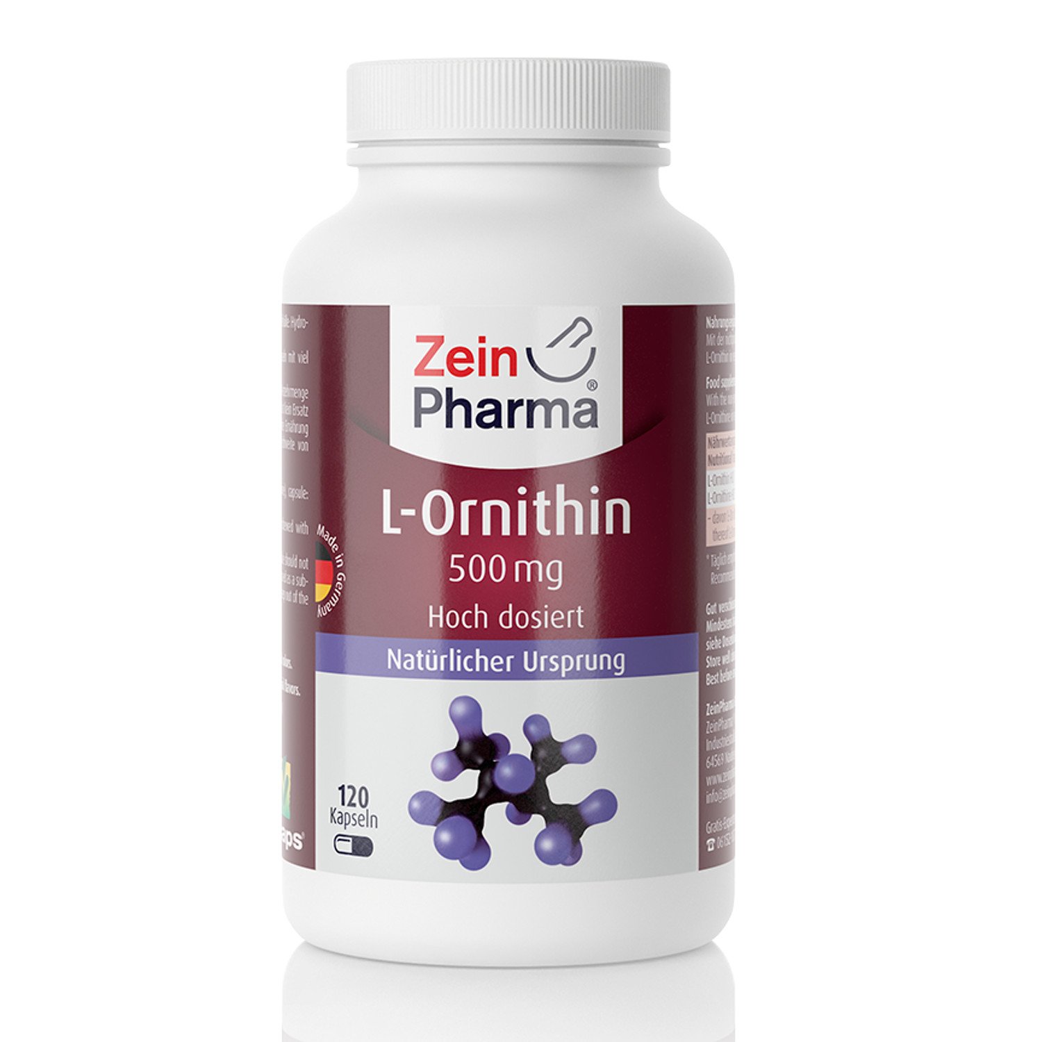 ZeinPharma L-Ornithin 500 mg 120 Kapseln (5 Wochen Vorrat) Glutenfrei, vegan, koscher & halal Hergestellt in Deutschland, 74 g