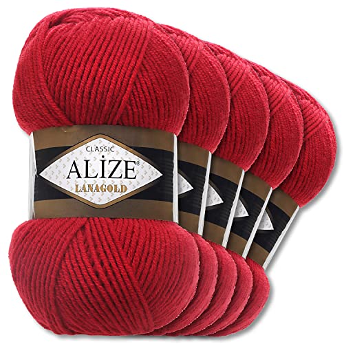 Alize 5 x 100 g Lanagold Wolle | 53 Auswahl | Stricken Häkeln Wolle (56 | Rot)
