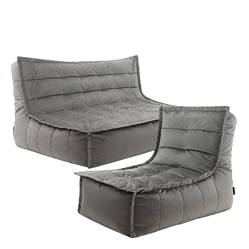 Icon Sitzsack Sofa mit Sitzsack „Dolce“, Grau, Samt, XXL Sitzsack Sessel für Erwachsene, Riesensitzsack mit Füllung für das Wohnzimmer, Sitzsack Groß Plüsch