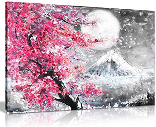 HONGC Japanische Kirschblüte Landschaft Leinwanddruck Schwarz-Weiß-Kunst-Ölgemälde Leinwand Wandkunst Bild Wohnkultur 70x100cm / 27,5"x39.4 Kein Rahmen