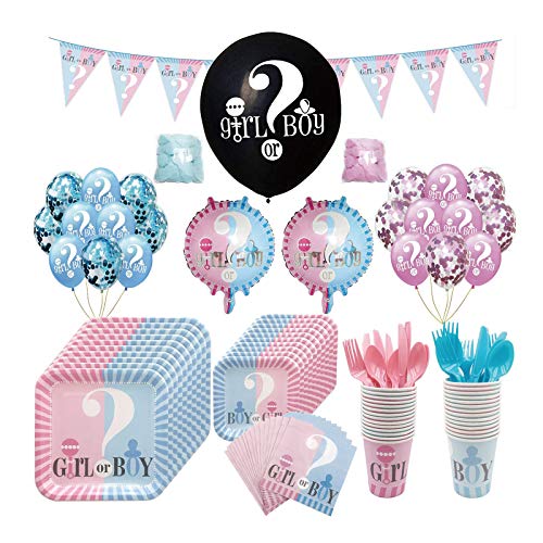 Yolispa Baby Reveal Ballon Party Supplies, Boy oder Girl Geschlecht enthüllen Dekorationen und Geschirr Set, rosa und Blaue Luftballons, Teller, Banner - 151 Stück Party Pack