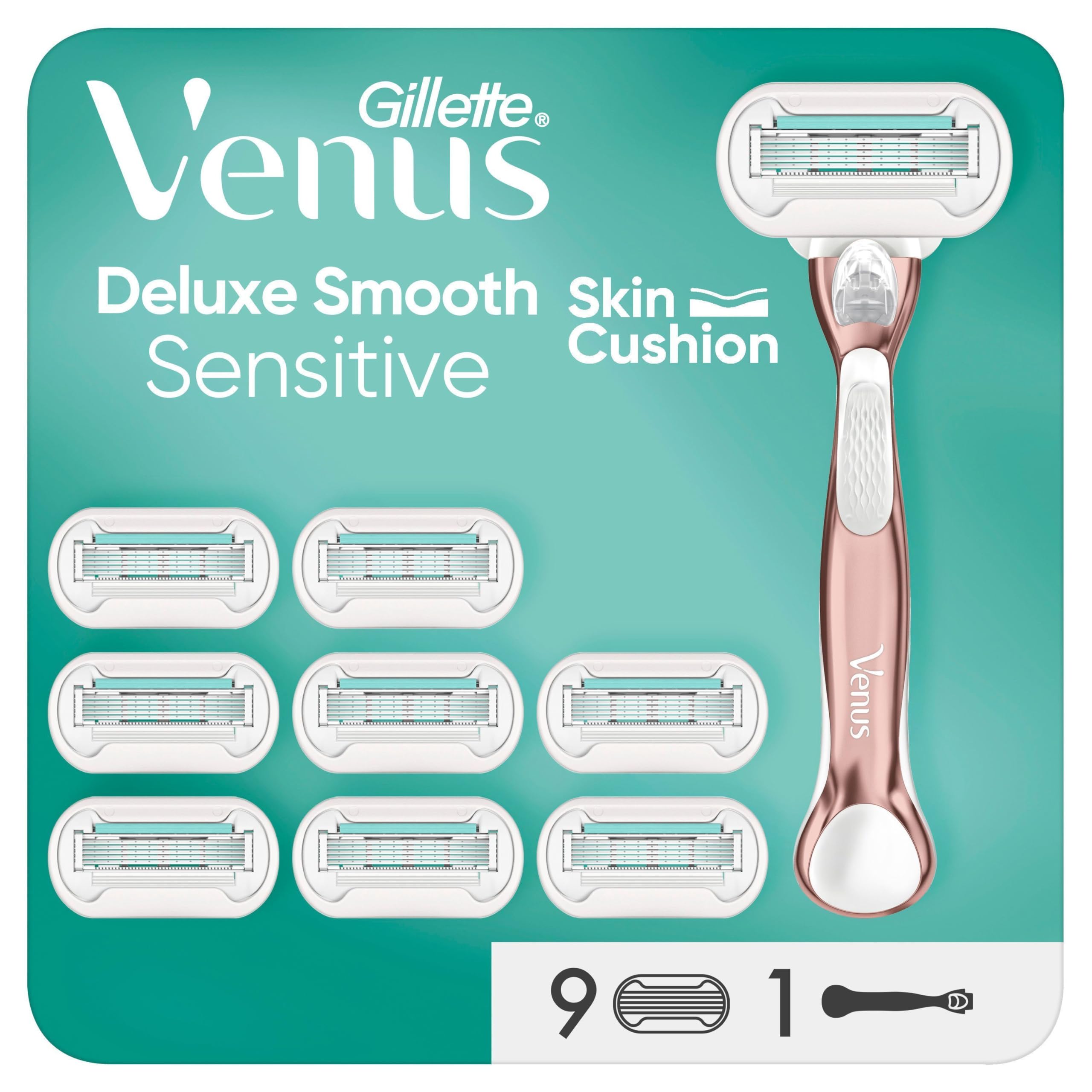 Gillette Venus Deluxe Smooth Sensitive Rasierer Damen, Damenrasierer + 9 Rasierklingen mit 5-fach Klinge, Geschenk für Frauen, Kunststoff, schwarz