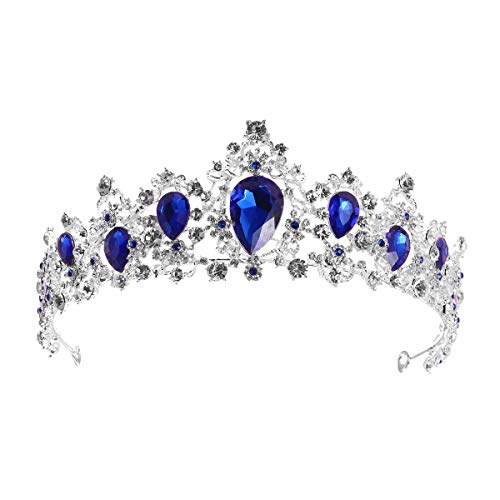 Frcolor Blaue Kristallkrone Hochzeit Braut Tiara Königin Prinzessin Kopfschmuck Strass Stirnbänder für Geburtstagsparty