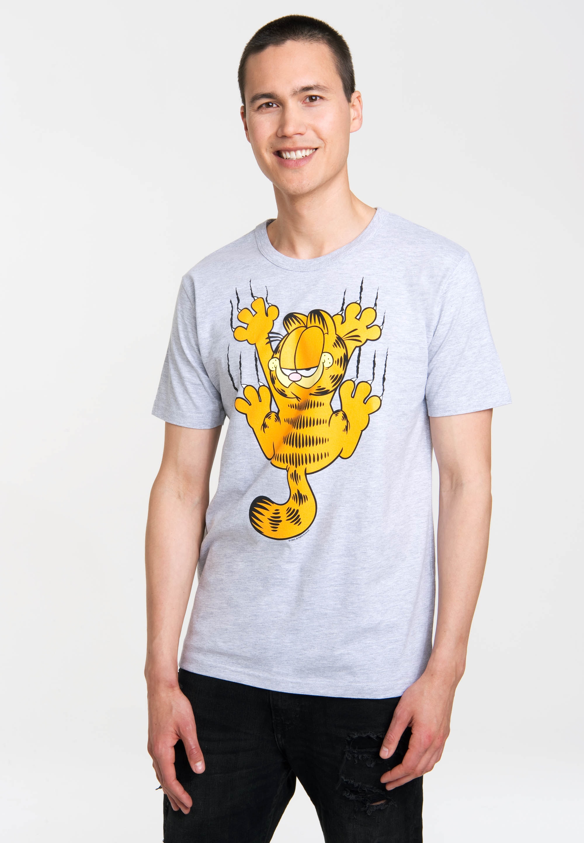 Logoshirt - Comics - Kater - Garfield - Kratzen - T-Shirt Herren - grau-meliert - Lizenziertes Originaldesign, Größe L