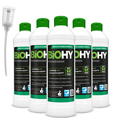 BiOHY Bodenreiniger (6x500ml Flasche) + Dosierer | Konzentrat für alle Reinigungsgeräte und alle Hartböden | Angenehmer Geruch und streifenfreie Reinigung