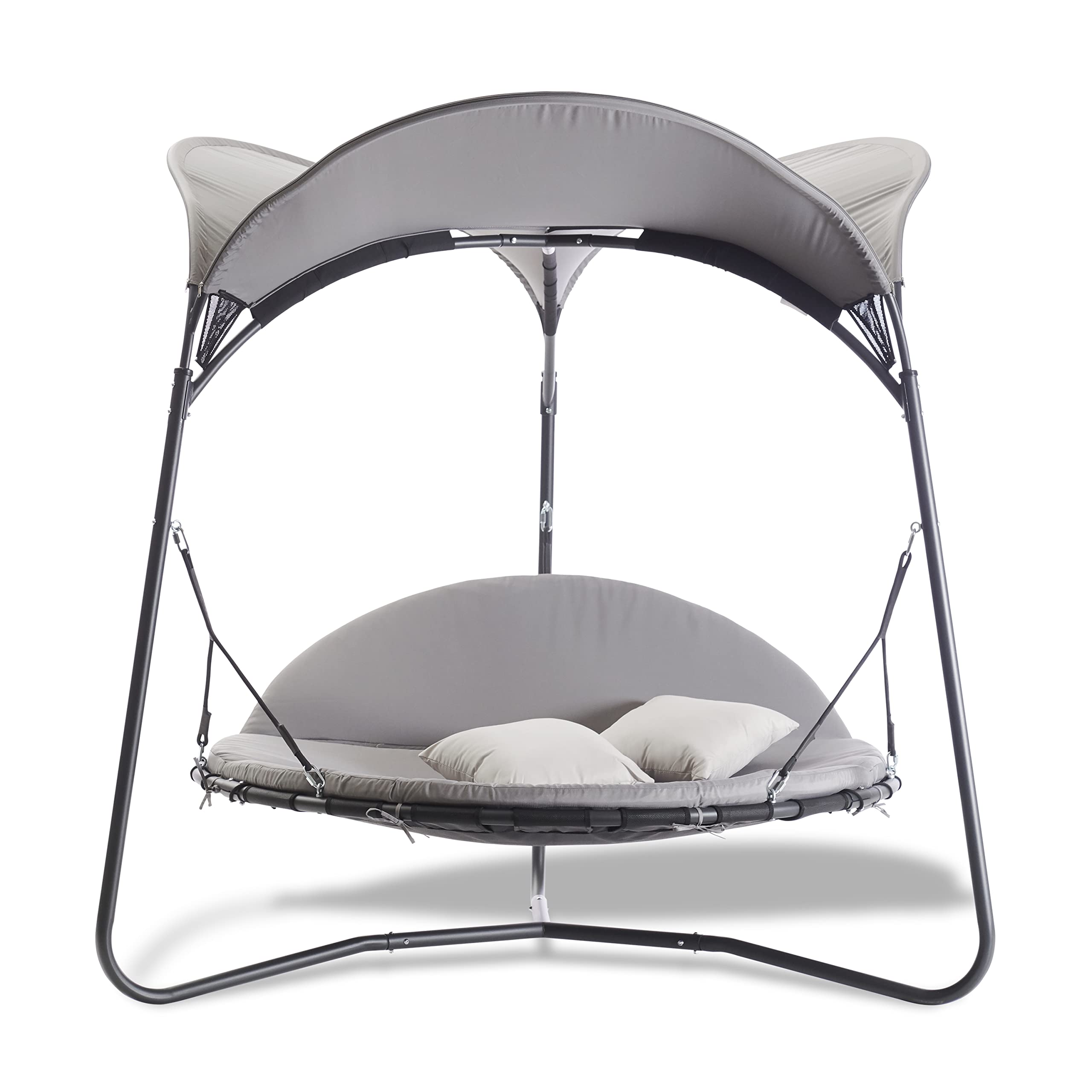 LECO Luxusschaukelbett MAREIKE – Gartenliege mit Sonnendach und verstellbarer Rückenlehne für zwei Personen - mit Polsterauflage und Kissen - grau