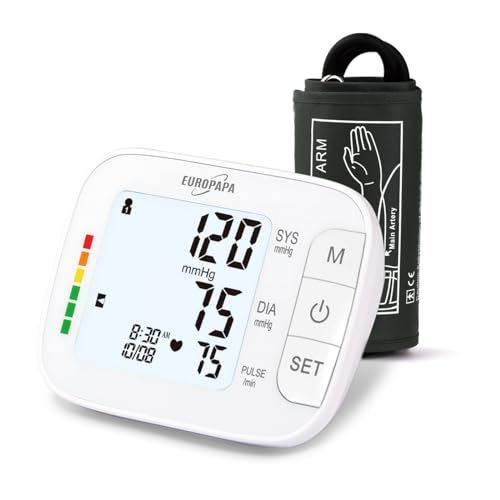 EUROPAPA Blutdruckmessgerät Oberarm für den Heimgebrauch, Pulsmessung Blutdruckmessung mit Große Manschette (22-42cm), 2 * 60 Speicher, Dual-User (Weiß)