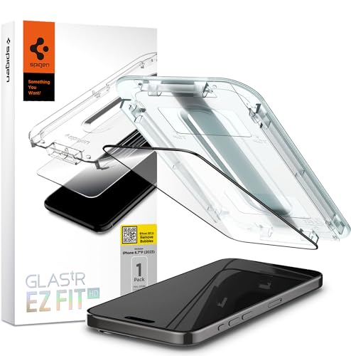 Spigen GLAS.tR EZ FIT Full Cover HD Entworfen für iPhone 15 Pro Max Premium gehärtetes Glas Displayschutzfolie