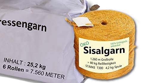 AGRI plus 6er-Pack = 7560 m Öko Sisal Bindegarn - Pressengarn/Erntegarn - Stärke 300 m/kg - Witterungsbeständige Gartenschnur - Bindeschnur