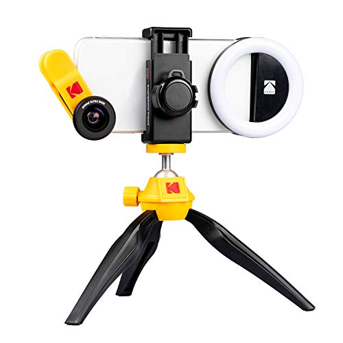 KODAK Smartphone Photography Kit bestehend aus einem 100° Weitwinkel- und 15x Makro-Objektiv, einem Dreibeinstativ, einem Ringlicht für Portraitaufnahmen und einer Schutztasche für Reisen